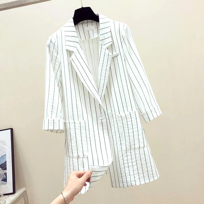 

Clothing Office Lady Loose Notched Pockets Striped Casual Formal Blazers Thin Three Quarter Sleeve Button Summer Tops V614