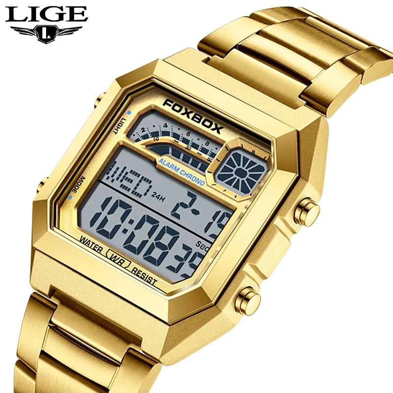 LIGE Men's watches LED Luminous Date quartz wristwatch Waterproof Sports Square Casual watches for men relogios masculino+BOX