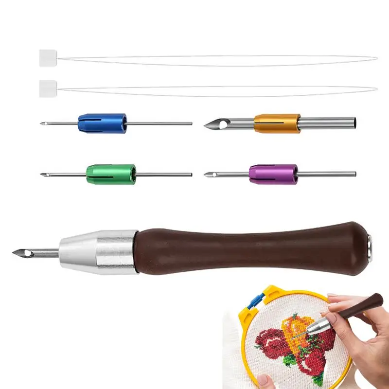 Embroidery Wooden Handle Punch Needle Adjustable Punch Needle Comfortable Hold Sewing Art Needle Tool for Sewing Towels Quilts