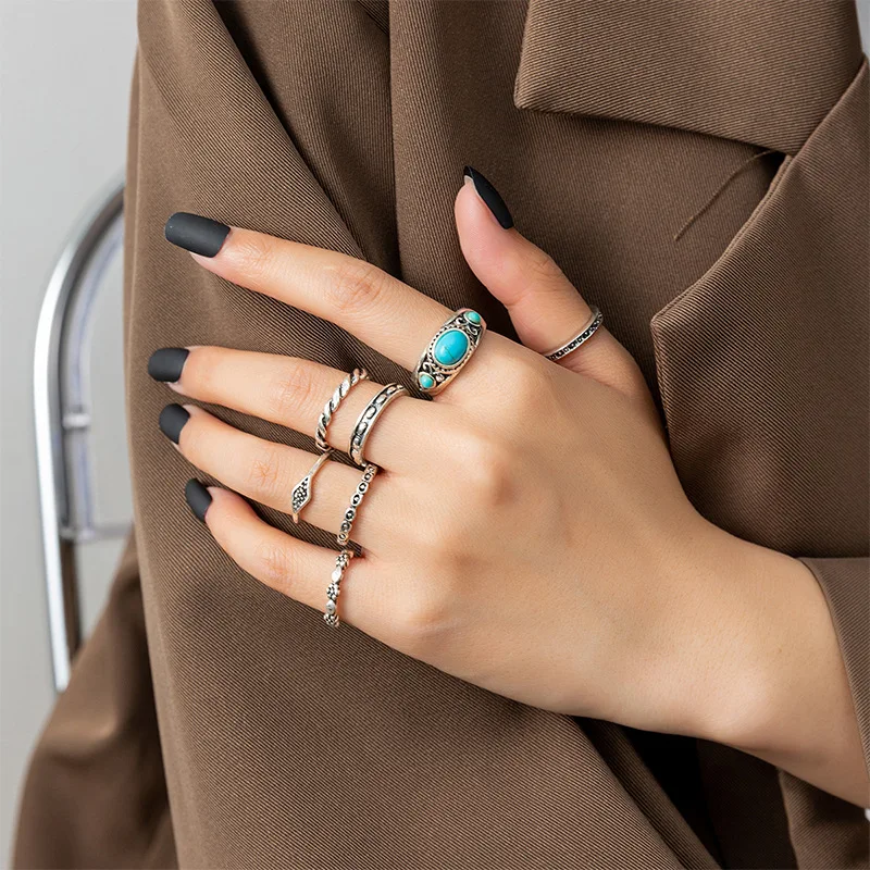 Turquoise flower ring female design sense niche 7 pieces European and American cross-border turquoise twist ring sense