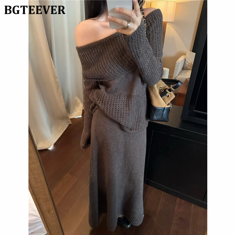 

BGTEEVER осень-зима женский комплект из 2-х предметов вязаных свитеров элегантные джемперы с вырезом на шее и юбки с высокой талией женские трикотажные наряды