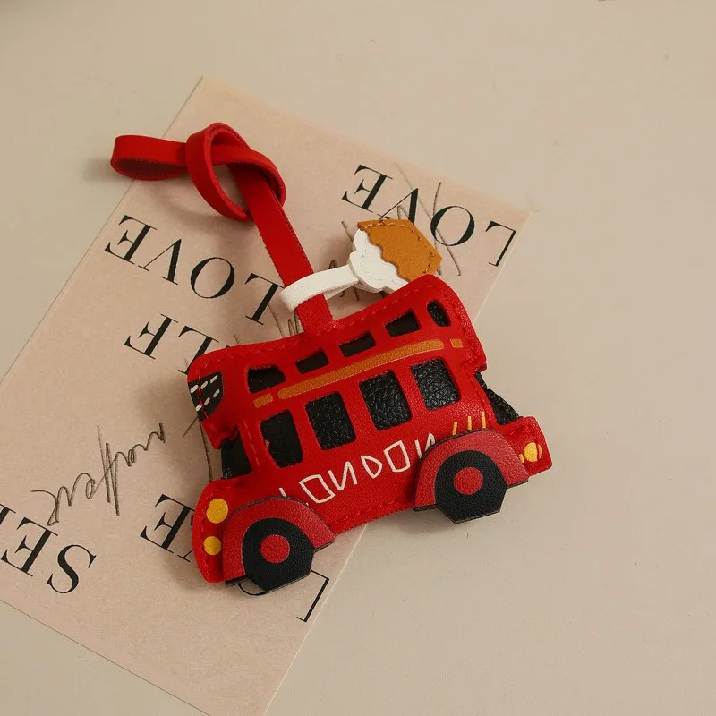 Handmade Leather Bus & Coffee Cup Keychain Minimalist Bag Charm Fashion Backpack Pendant Accessory