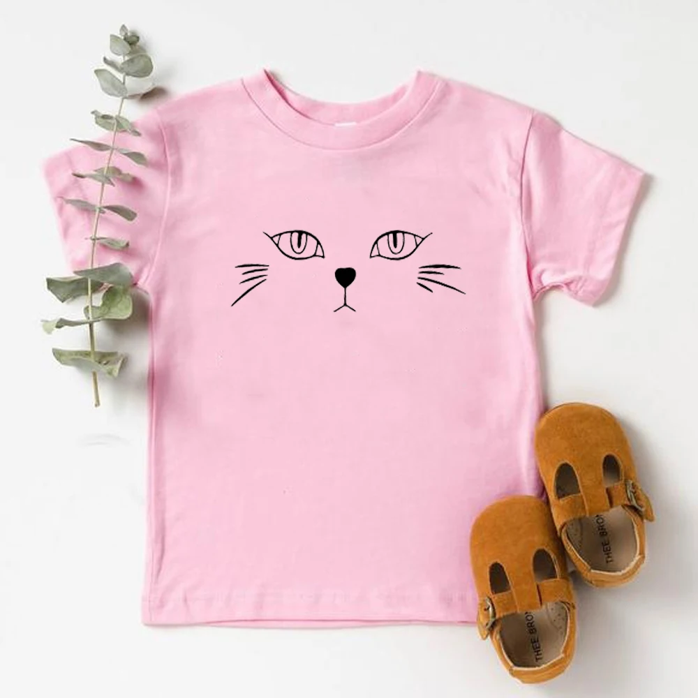 Милые рубашки для девочек, футболки с короткими рукавами и рисунком кота, повседневная хлопковая футболка с круглым вырезом, детские летние топы, одежда