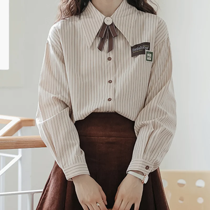 Women's Melad Apricot Striped Shirt Collar Long Sleeve Bow Y2K Korean Harajuku High Street Office College Retro Shirt Clothing