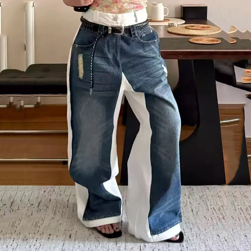 

Women's patchwork jeans, double-sided wide-leg pants, high-quality versatile long pants, autumn, new style, 2025
