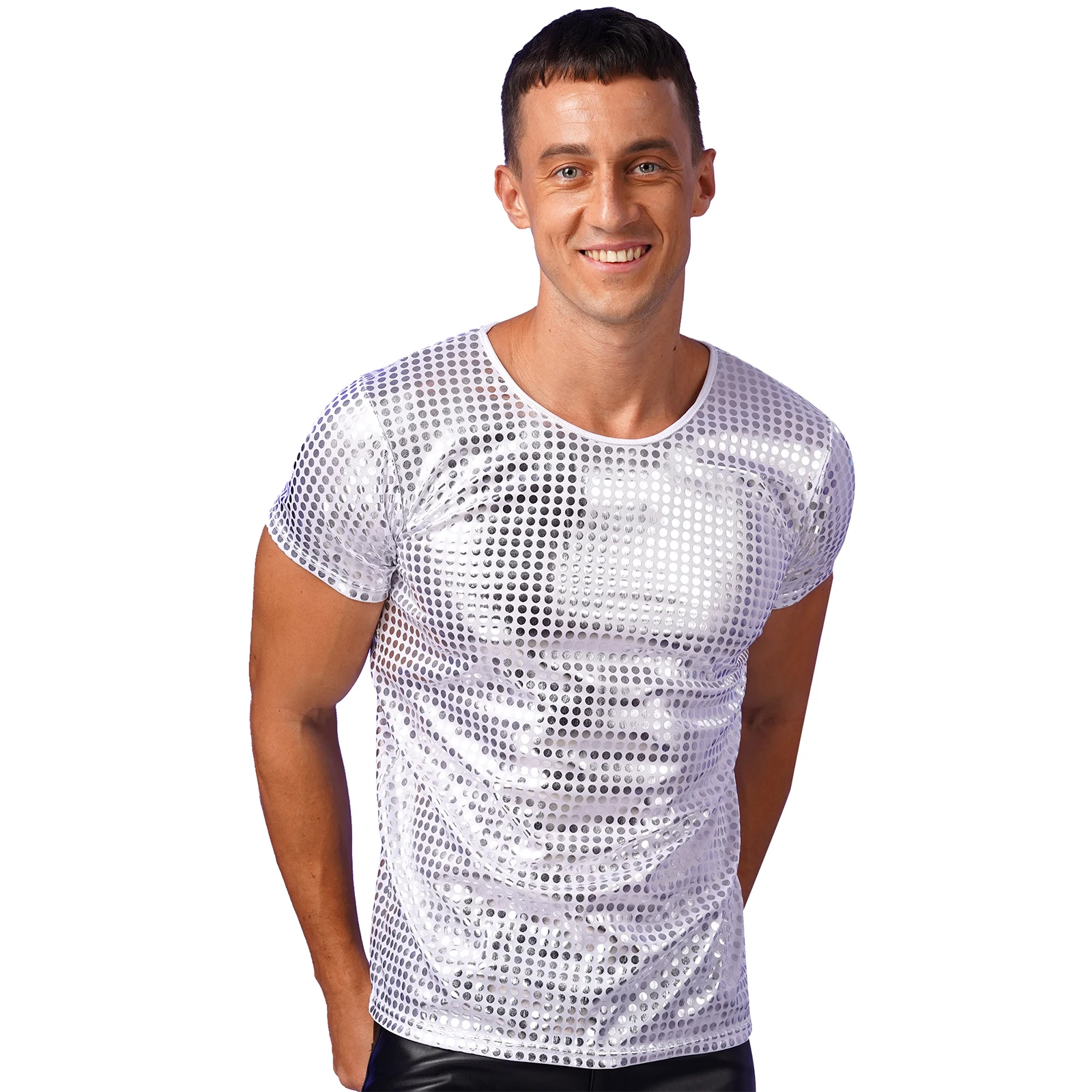 Mens Shiny Sequins T-Shirt Sparkly Loose Jazz Hip Hop Modern Dance Top Blouse Stage Performance Dancewear for Festivals Costumes