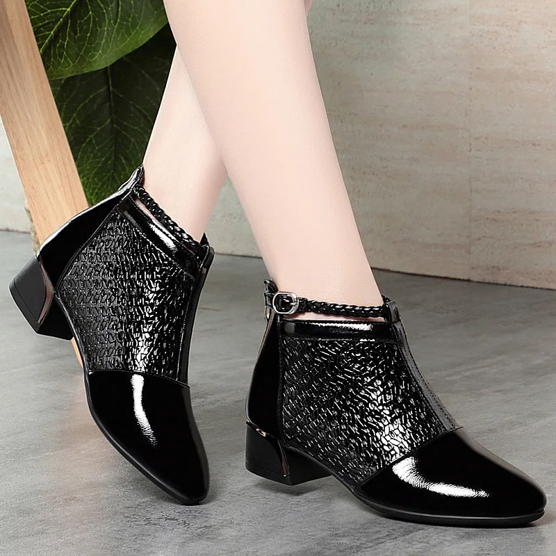 

3.5cm Comfortable All Match Cutout Bright Leather Shoes Women Ankle Boots Spring Summer 2025 Square Heels Short Boots Office