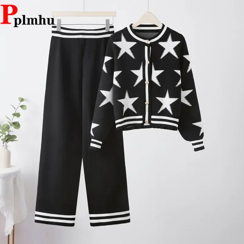 

Women Casual Single Breasted Short Cardigan Tops Conjuntos Korean High Waist Wide Leg Pants Outfit New Jacquard Design Knit Sets