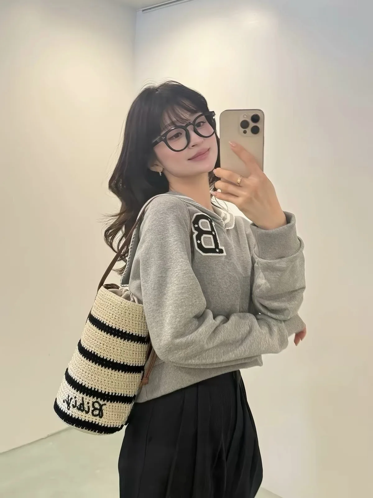 Japanese Style Bibi Embroidered Letter Bucket Bag Striped Knitted Crossbody Bag Adjustable Leather Shoulder Strap Women's Bag