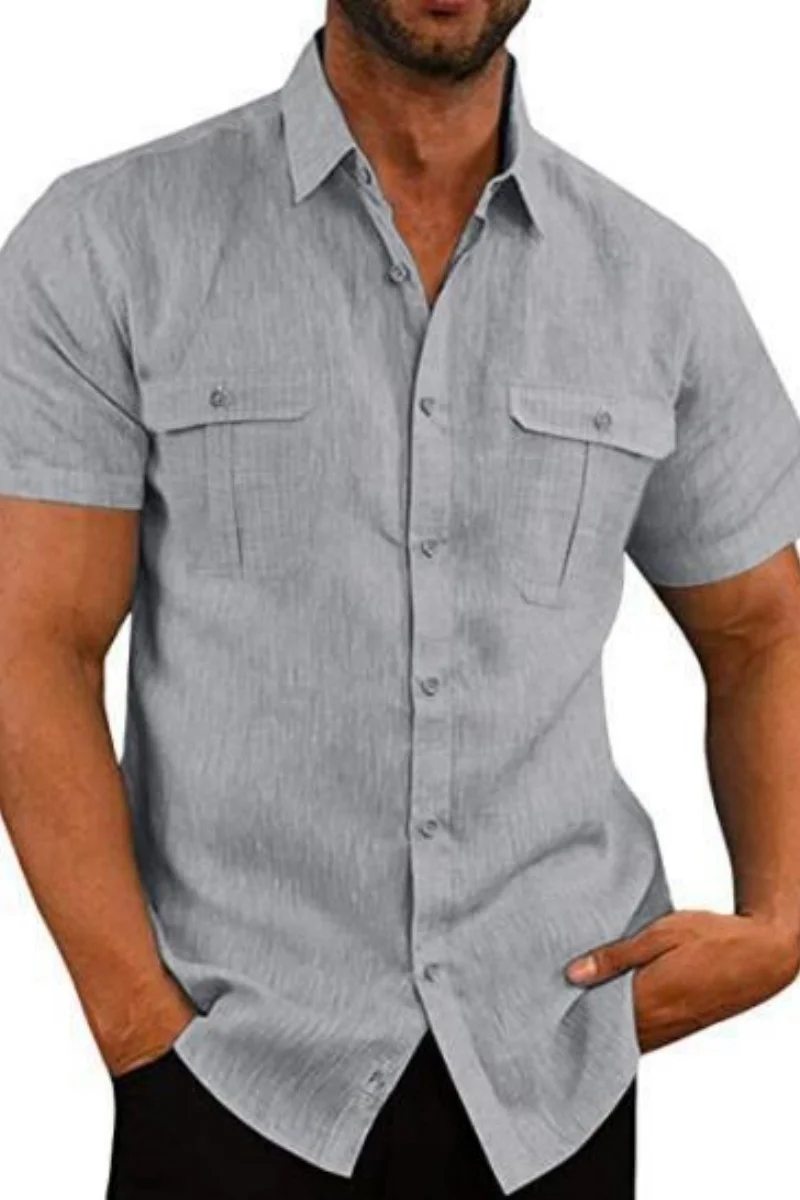 

Men's Short Sleeve Linen Blend Button Down Shirt with Double Chest Pockets and Classic Collar for Casual Summer Wear