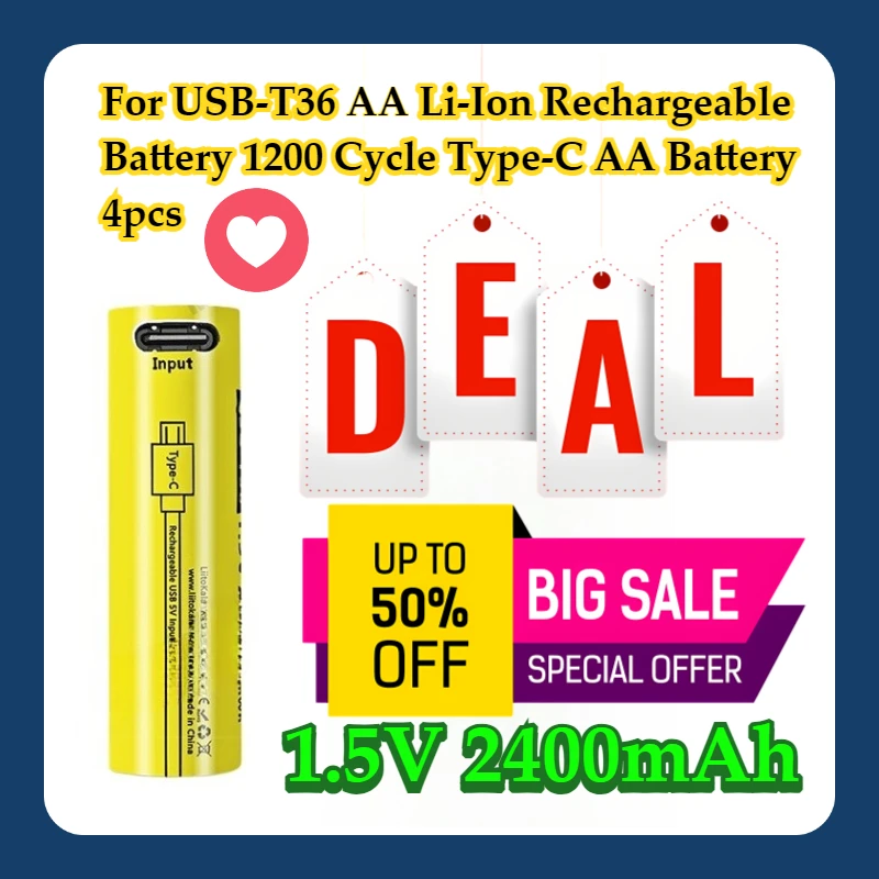

For USB-T36 1.5V AA 3600mWh Li-Ion Rechargeable Battery 1200 Cycle Type-C AA 2400mAh Battery 4pcs