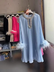 SEQINYY Elegant Mini Dress Summer Spring New Fashion Design Women Runway High Street Beading Feather Pleated A-Line Casual