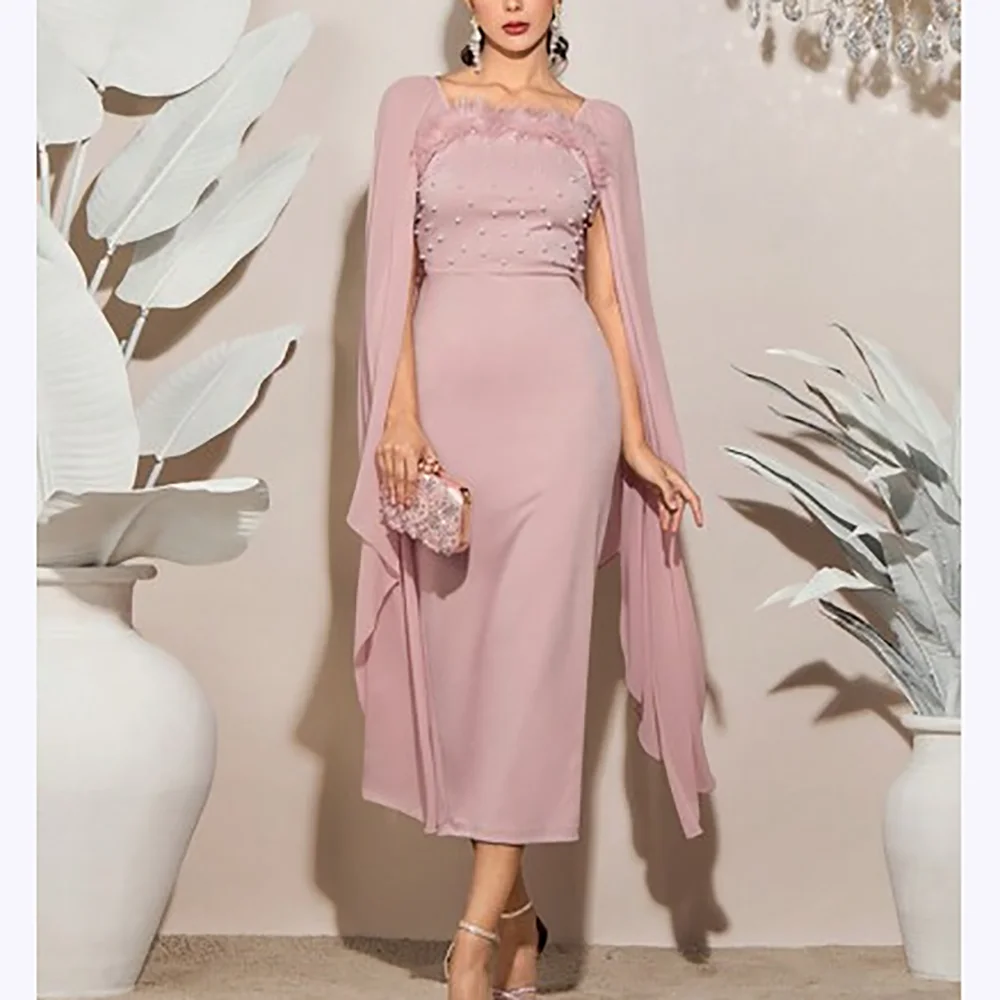 

Glamorous Prom Dresses Chic Pearl Cap Sleeve O Neck Tea Length Straight Dress Formal Evening Special Occasion Gown Modern Style