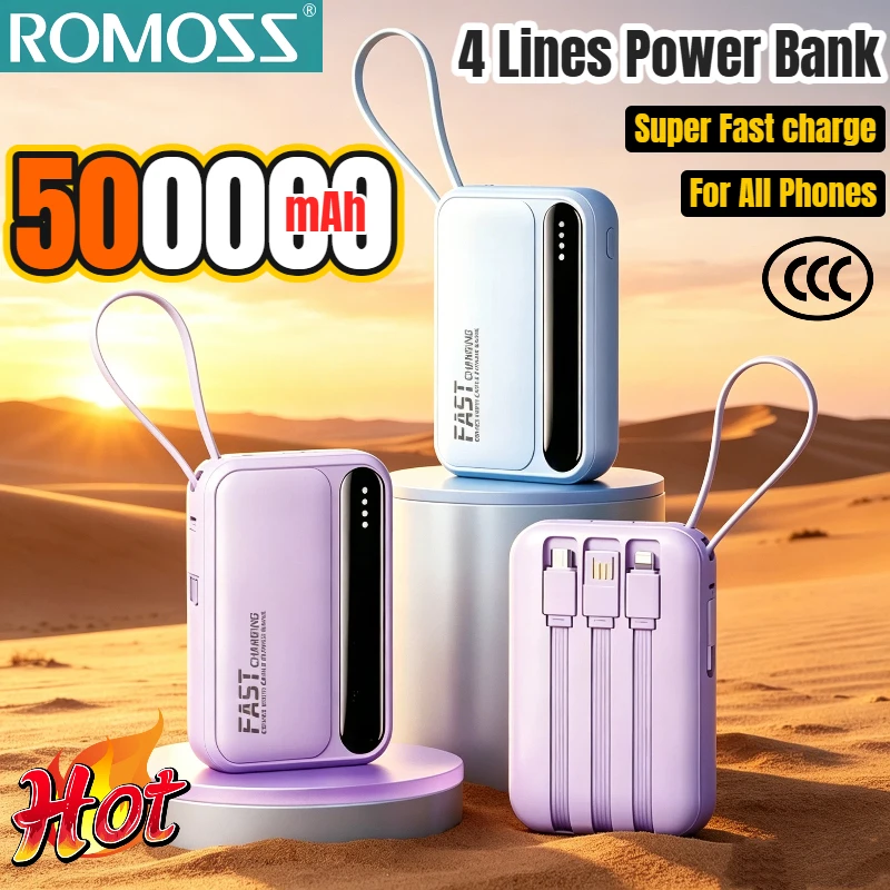 ROMOSS 500000mAh Power Bank Built in 4 Lines Large Capacity Super Fast Charging Portable External Battery for All Phones 2026