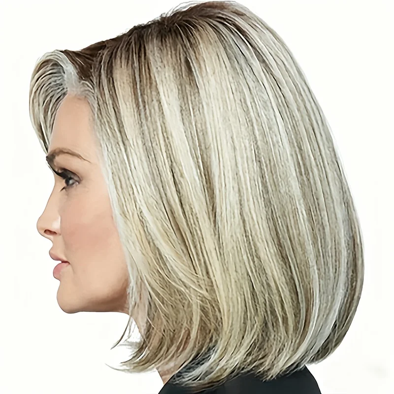 Shallow white side-parted bob wig women, smooth inward-curling layered short hair, natural and easy to maintain full headpiece