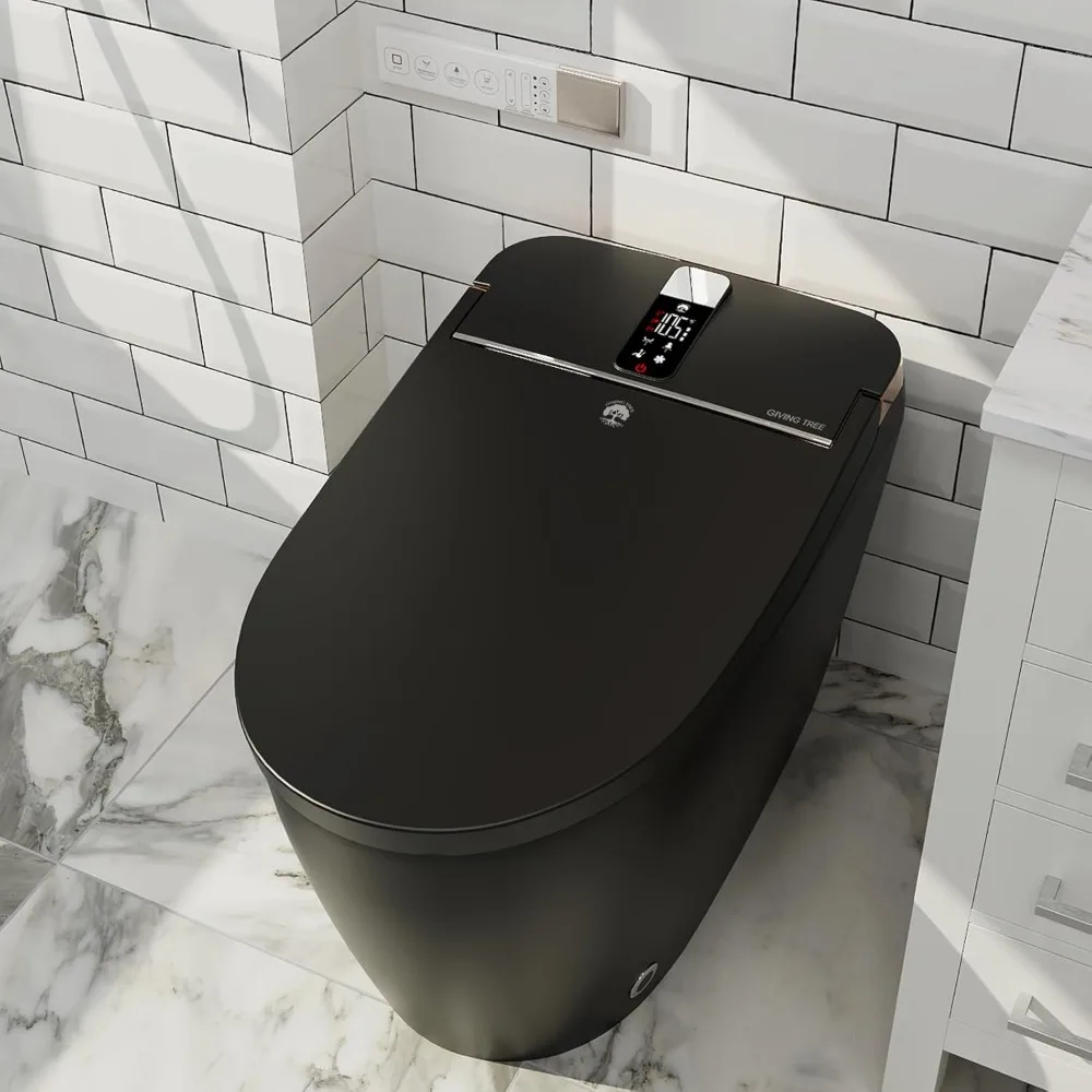 Black Smart Toilet with Auto Open Lid and Auto Flush, Modern Smart Tankless Instant Heating Toilet with Bidet Built In