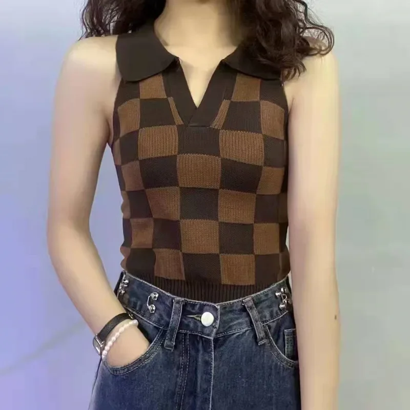 

Женский свитер в шахматном порядке, жилет с воротником-поло без рукавов, клетчатый вязаный топ Teengirl Y2K, наряд 90-х, новинка лета 2023 г.