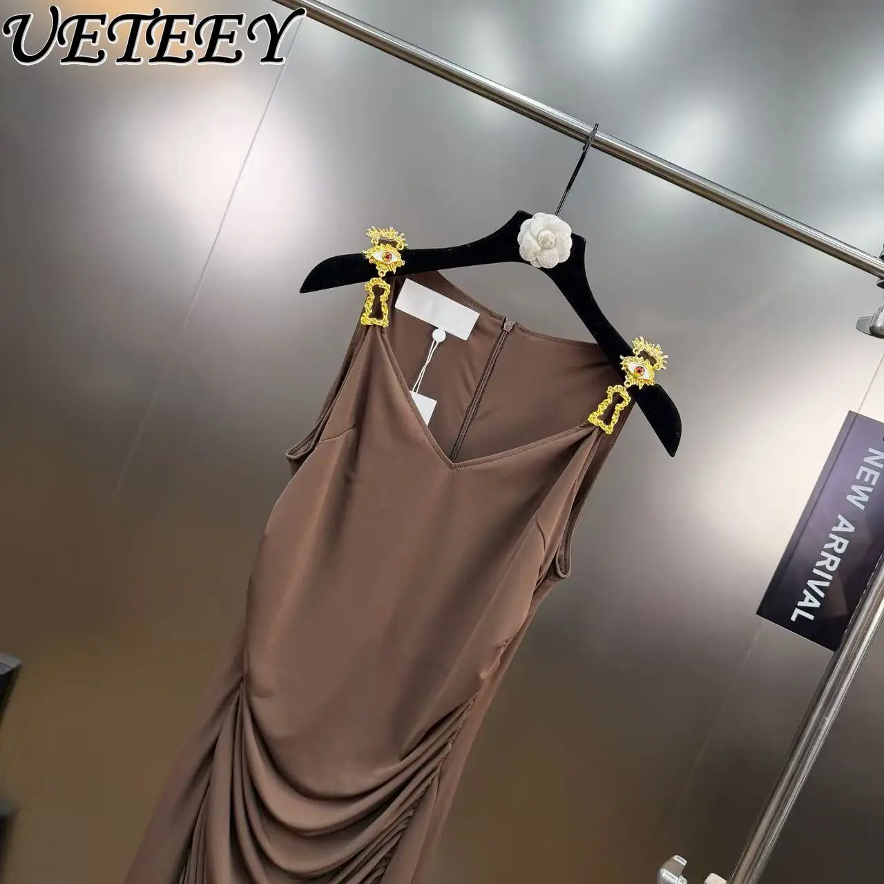 فستان ماكسي مثير بدون أكمام مكشكش أنيق للنساء خفيف فاخر بلون سادة وقصة ضيقة لحفلات الولائم فساتين طويلة بدون أكمام #5