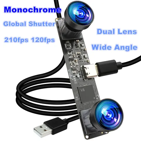 Global Shutter USB Camera 210fps Monochrome, 120fps Sync Dual Lens for 3D VR, Wide Angle
