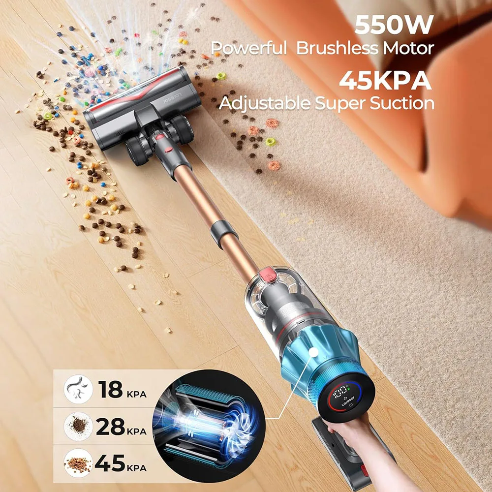 Laresar Ultra 7 Cordless Stick Vacuum, 550W/45kPa Powerful Suction, Touch Screen, Up to 60 Mins Runtime 8*2500mAh Battery LED