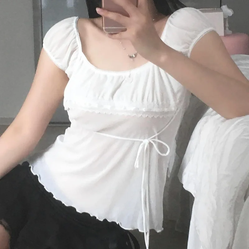 

Women Lace Bandage T-shirts Summer Square Collar Short Sleeve Tees Fashion Streetwear Folds Stitching Lady Mesh Transparent Tops