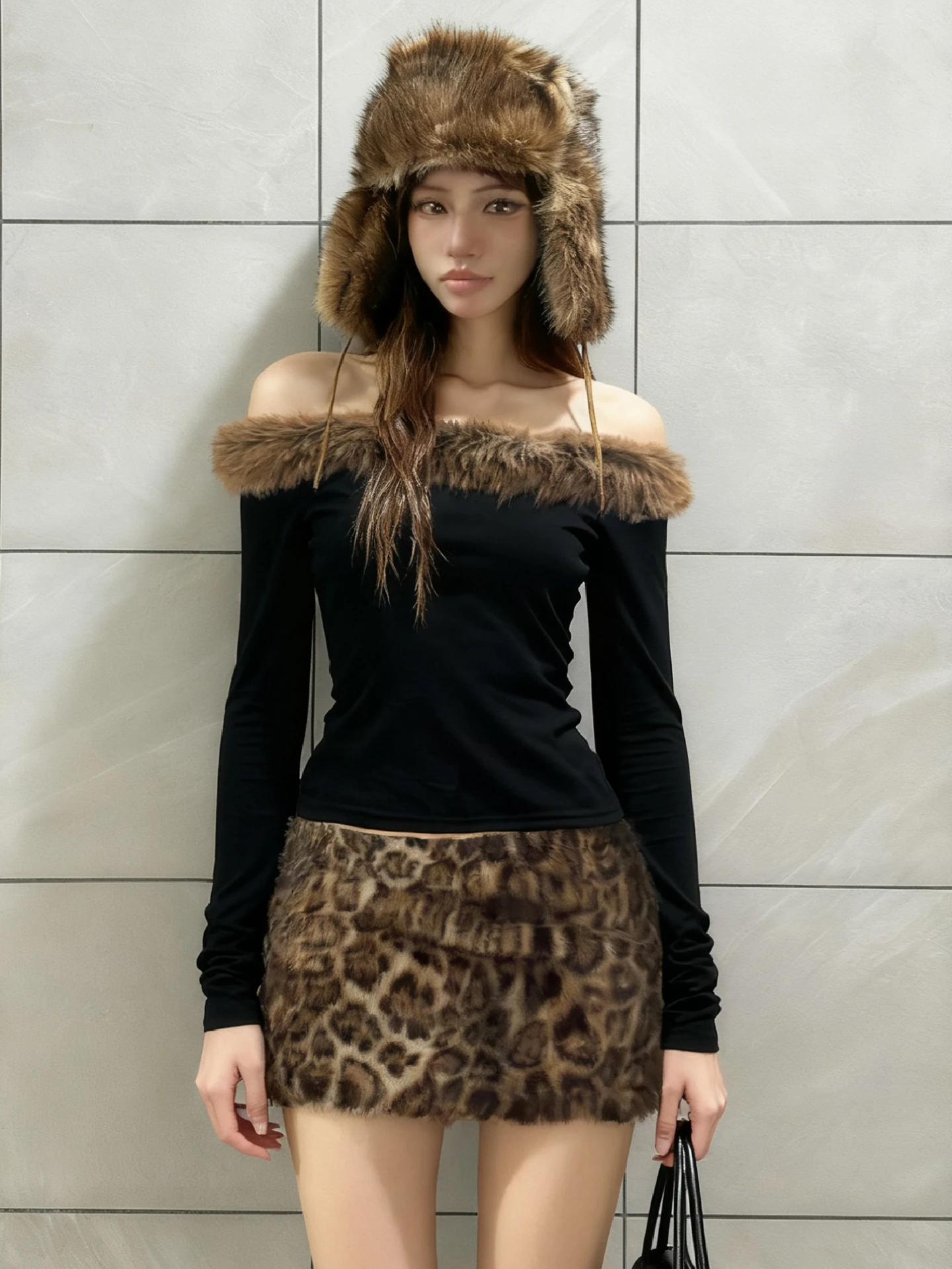 Dulzura outono moda sexy cintura alta fino ajuste leopardo impressão de pelúcia mini saia feminina casual versátil estilo rua roupas y2k