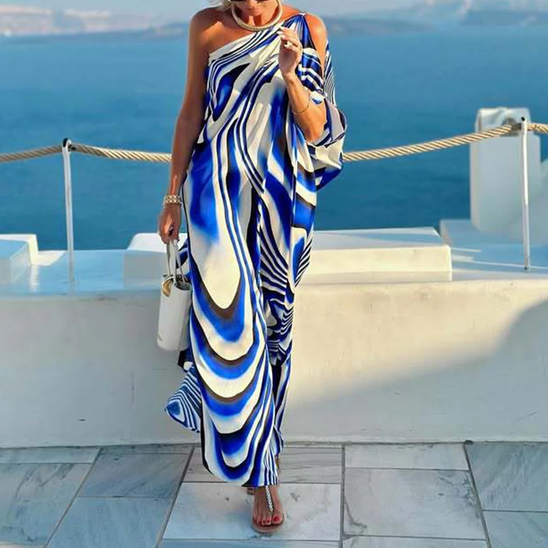 Abito lungo da donna sexy con spalla inclinata, abito lungo ampio con stampa a righe elegante primaverile, abiti da spiaggia Boho senza schienale estivi