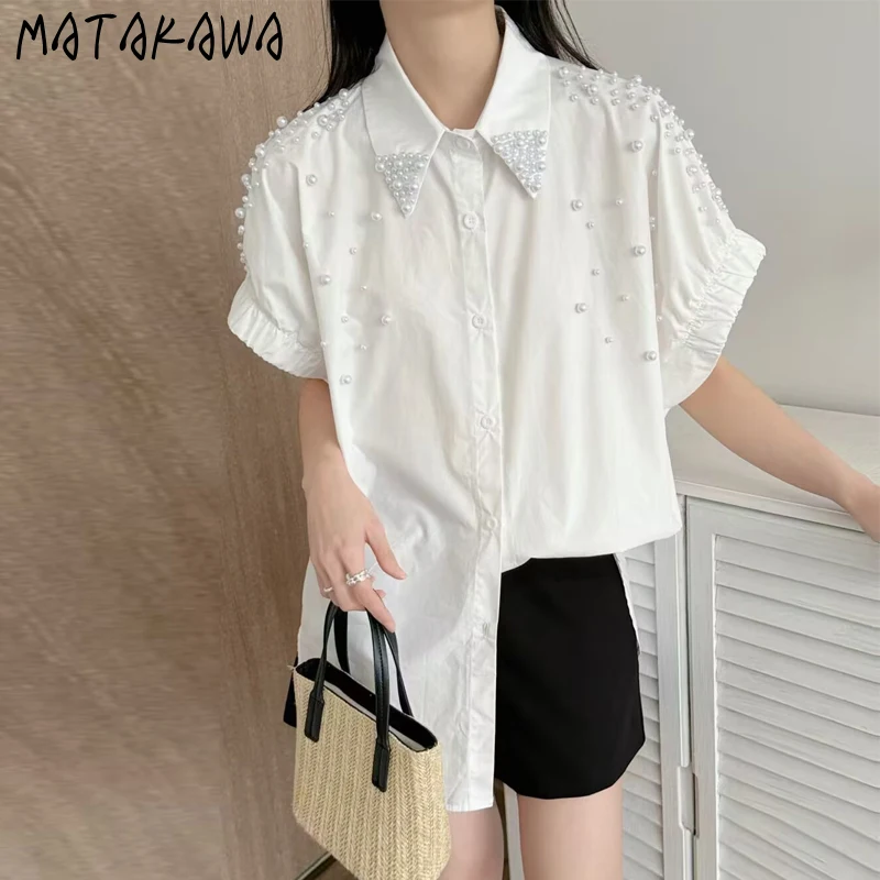 

Matakawa Blouses Puff Sleeve Beading Solid Spring Summer Elegant Women Shirts Korean Fashion Retro Elegant Simple Blusas Mujer