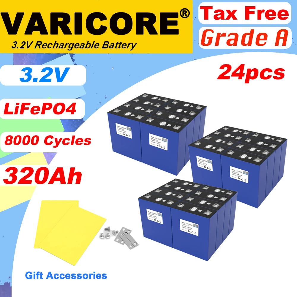 

3.2V 320Ah Lifepo4 Battery 8000Cycle Cell for 4s 8s 12v 24v Travel Solar RV Campers batteries Grade A Tax Free x24