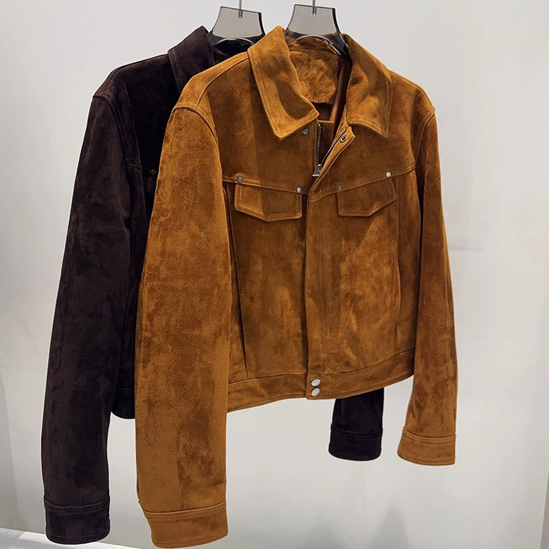 カジュアルブラウン/コーヒー本革ショートジャケット 2026 新しい女性用ゴートスキンスエードクラシックオートバイレザージャケットコート ファム