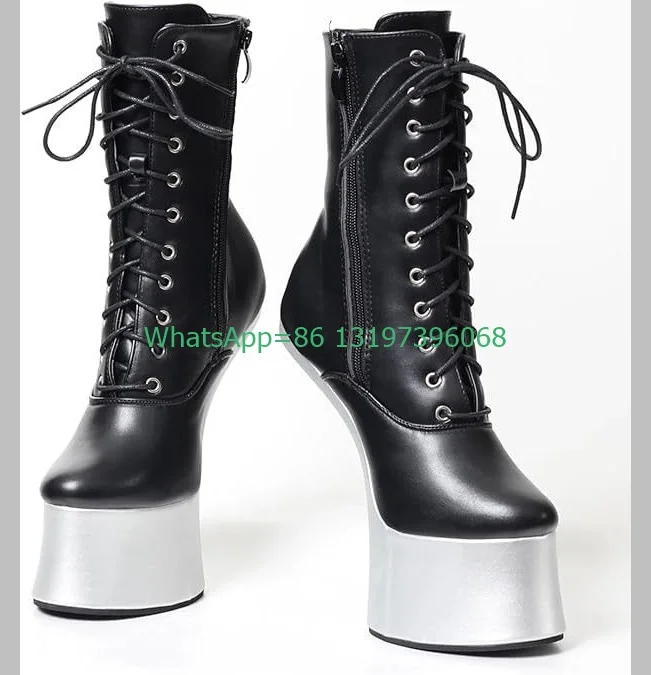 Lady Black Lace-Up Heelless Calf Boots Mirror PU Design Boots Dance Party Stage Boots Platform New Arrive Sliver Boots Size 46