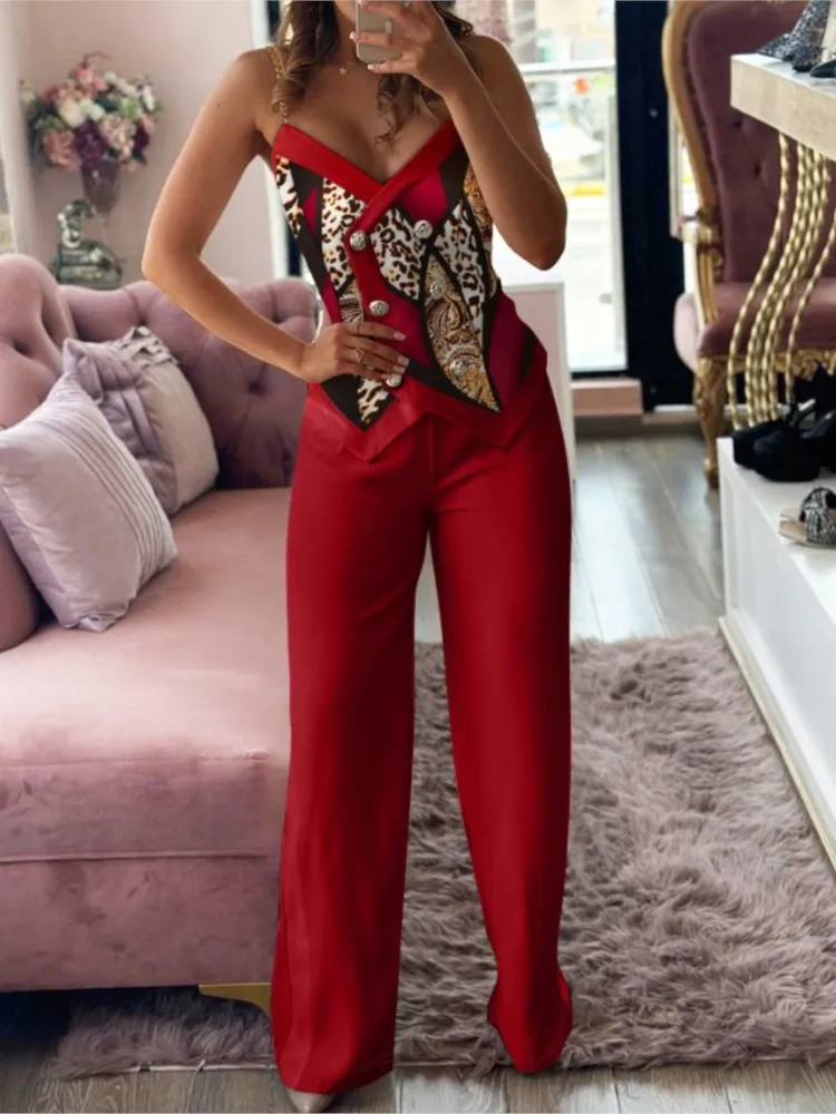 Spring Summer New Print Fashion Double Breasted Halter Women\'s Suit Sexy Slim Elegant Simple Trousers Female Office 2 Piece Set