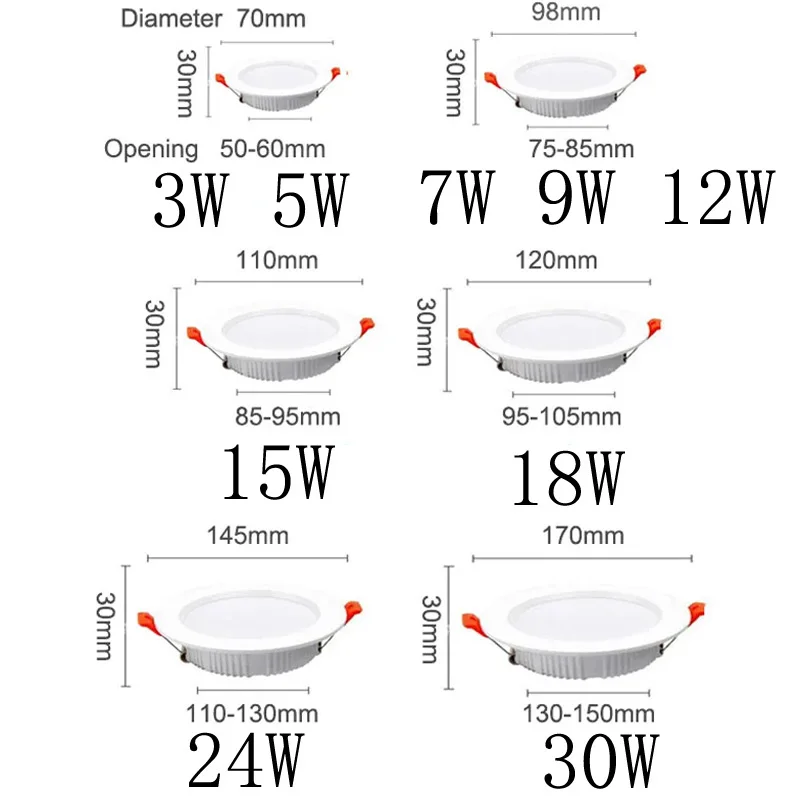 LED Recessed Downlights 3W 5W 7W 9W 12W 15W 18W 24W 30W Round Down Lamps Spotlight Indoor Ceiling Panel Lighting AC220V