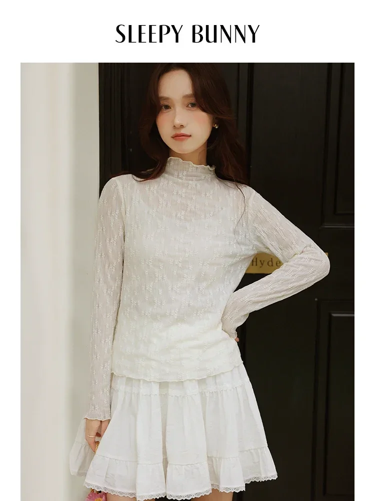 Elegant Hollow Out Lace T-Shirt Women Spring Slim Fit Long Sleeve Stretchy Base Top Feminine Chic Inner Layer Blouse for Ladies