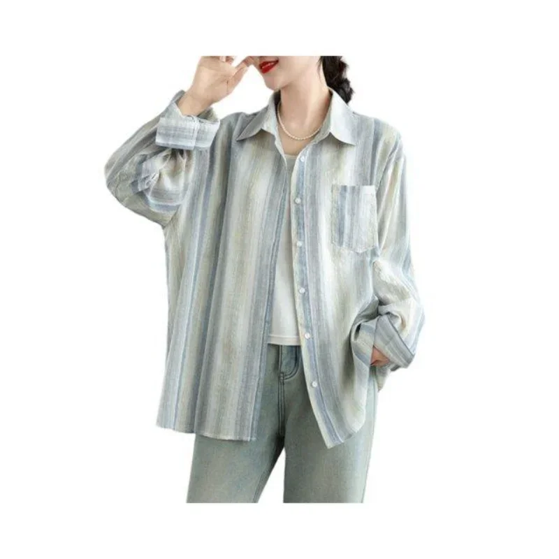 문학적 디자인 감각 세로 줄무늬 대조 색상 여성용 긴 소매 가을 복고풍 얇은 스타일 카디건 탑