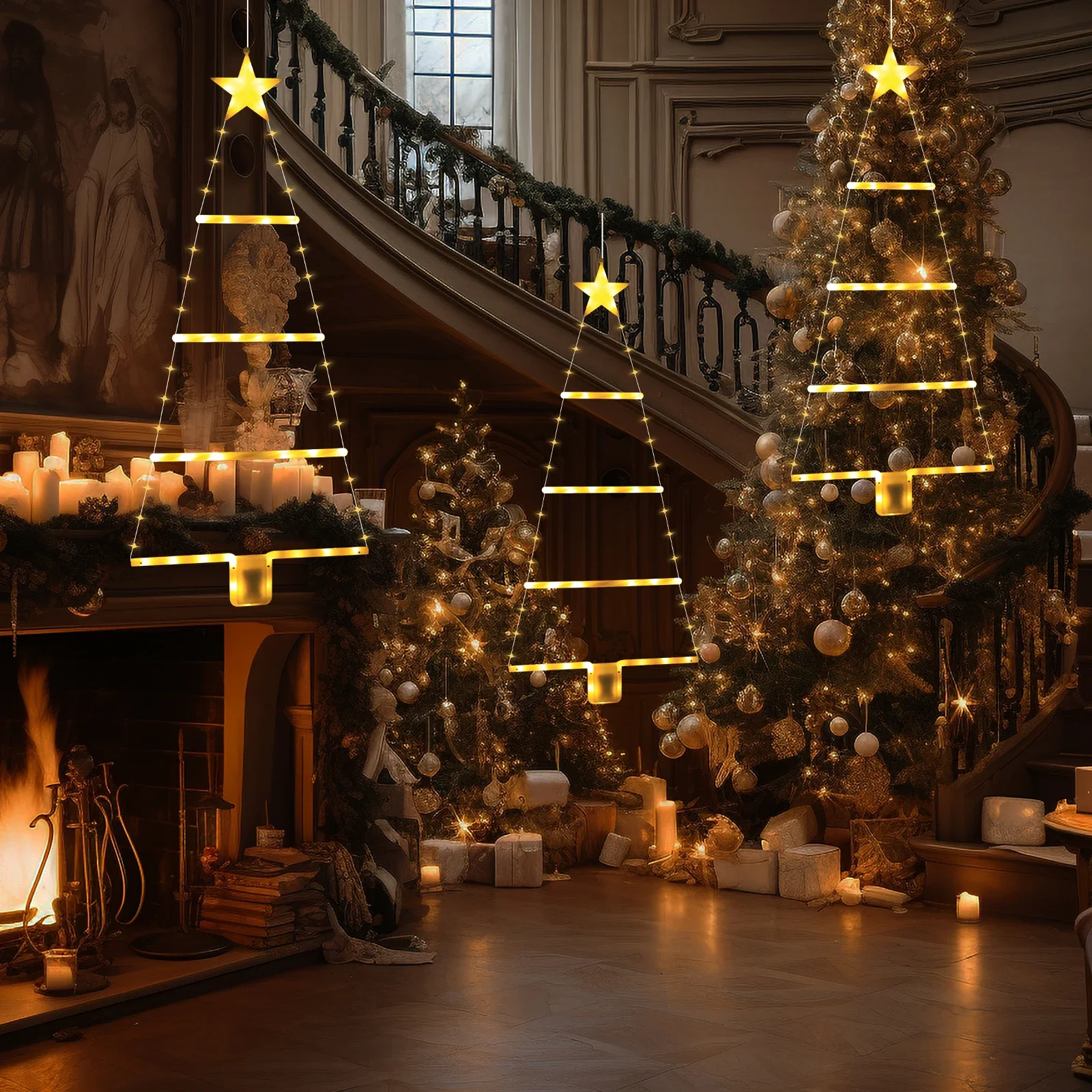 Lumières trapézoïdales de noël LED à piles, décor d'arbre de noël pour cour, chambre à coucher, jardin, porte de cheminée, décor de noël