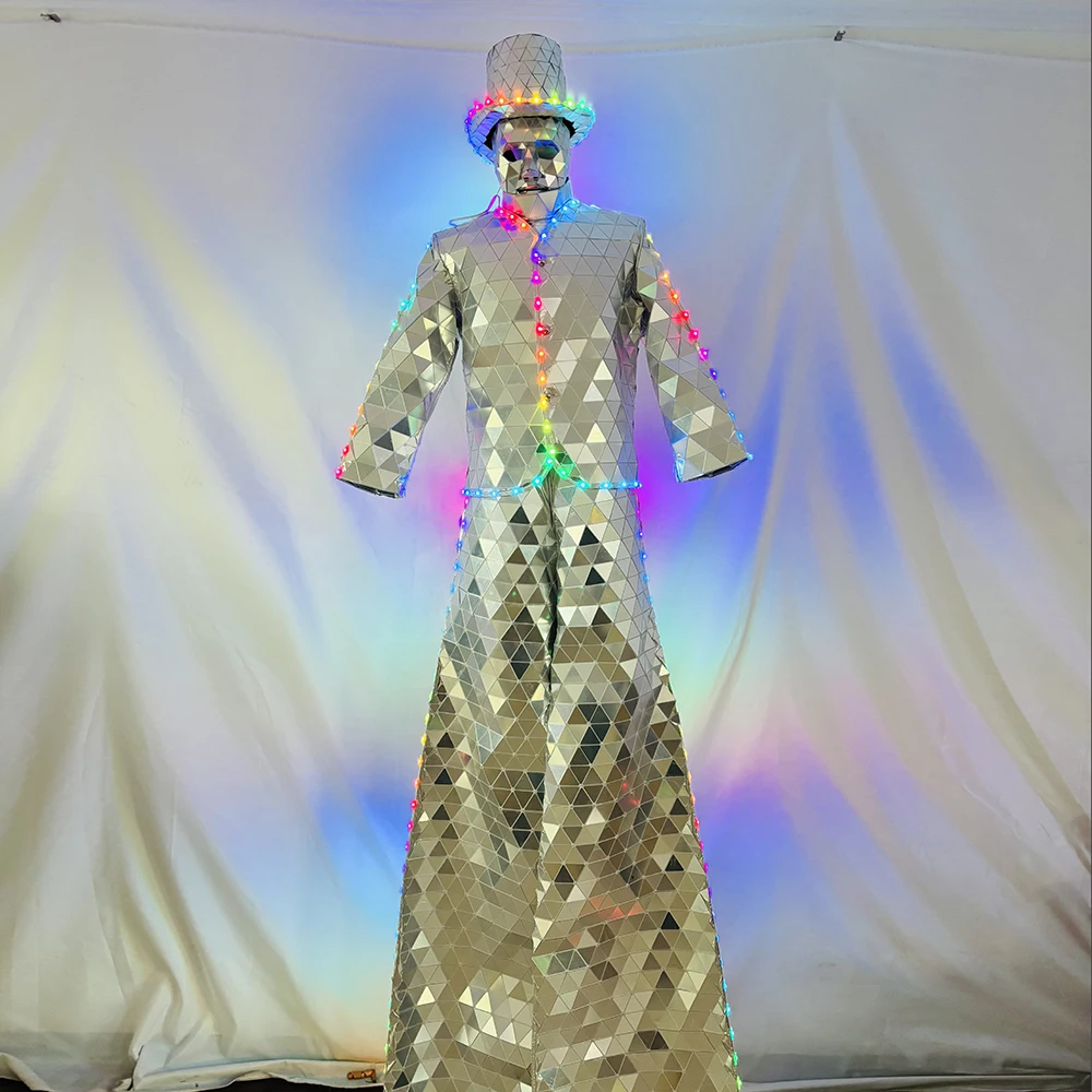 بدلة زي مرآة LED تضيء مرايا مخيطة يدويًا لمرحلة الهذيان الهالوين DJ Show ديسكو حفلة الرقص - عاكسة لامعة