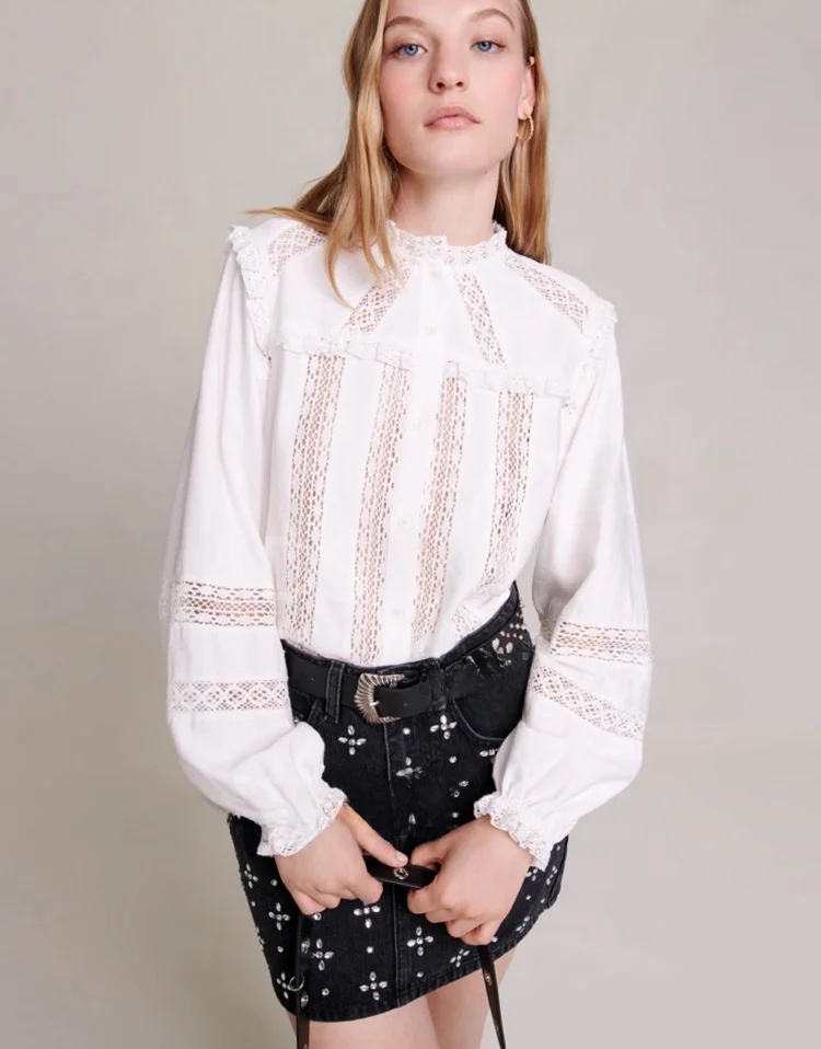 

Новая осенняя женская блузка Ele White Lace с вырезами, модная, элегантная, из полиэстера, с длинным рукавом, прямого кроя.