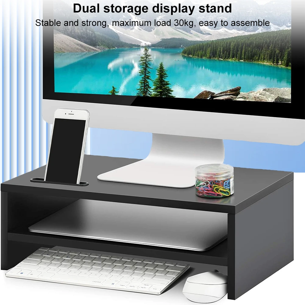 2-Tier Monitor Stand Riser with Storage & Cable Management Monitor Riser Desk Organizer Computer Printer Shelf