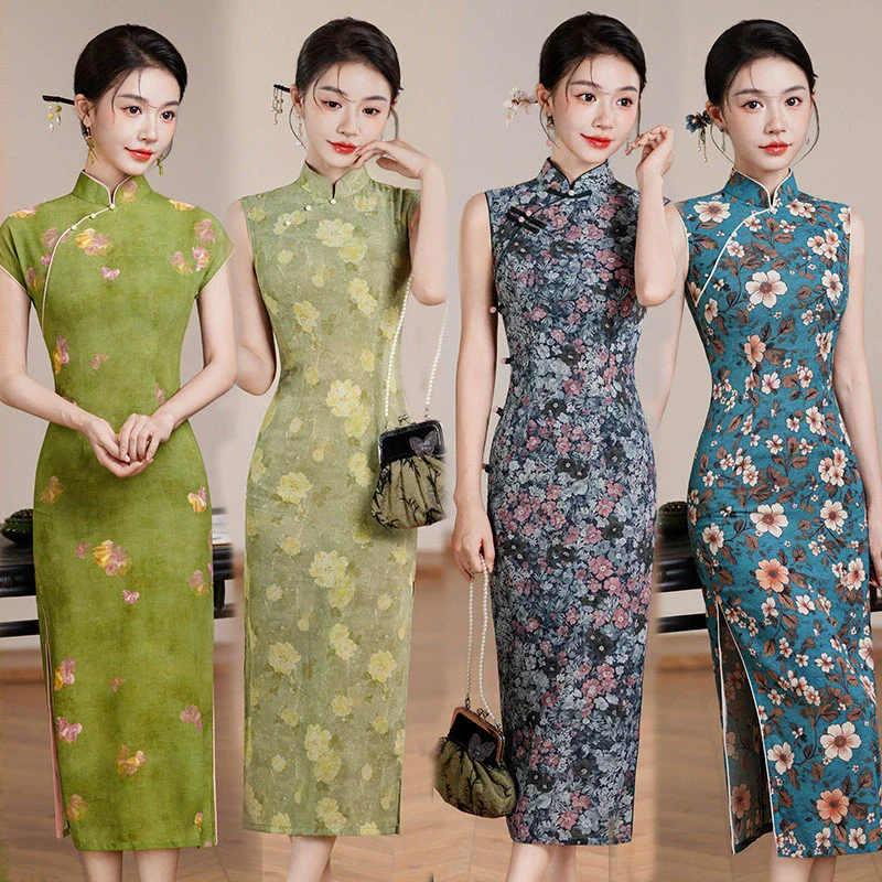Chinese Style Long Style Modified Cheongsam 2025 New Style for Young Women Retro Slim Fit Short Sleeved Daily Qipao