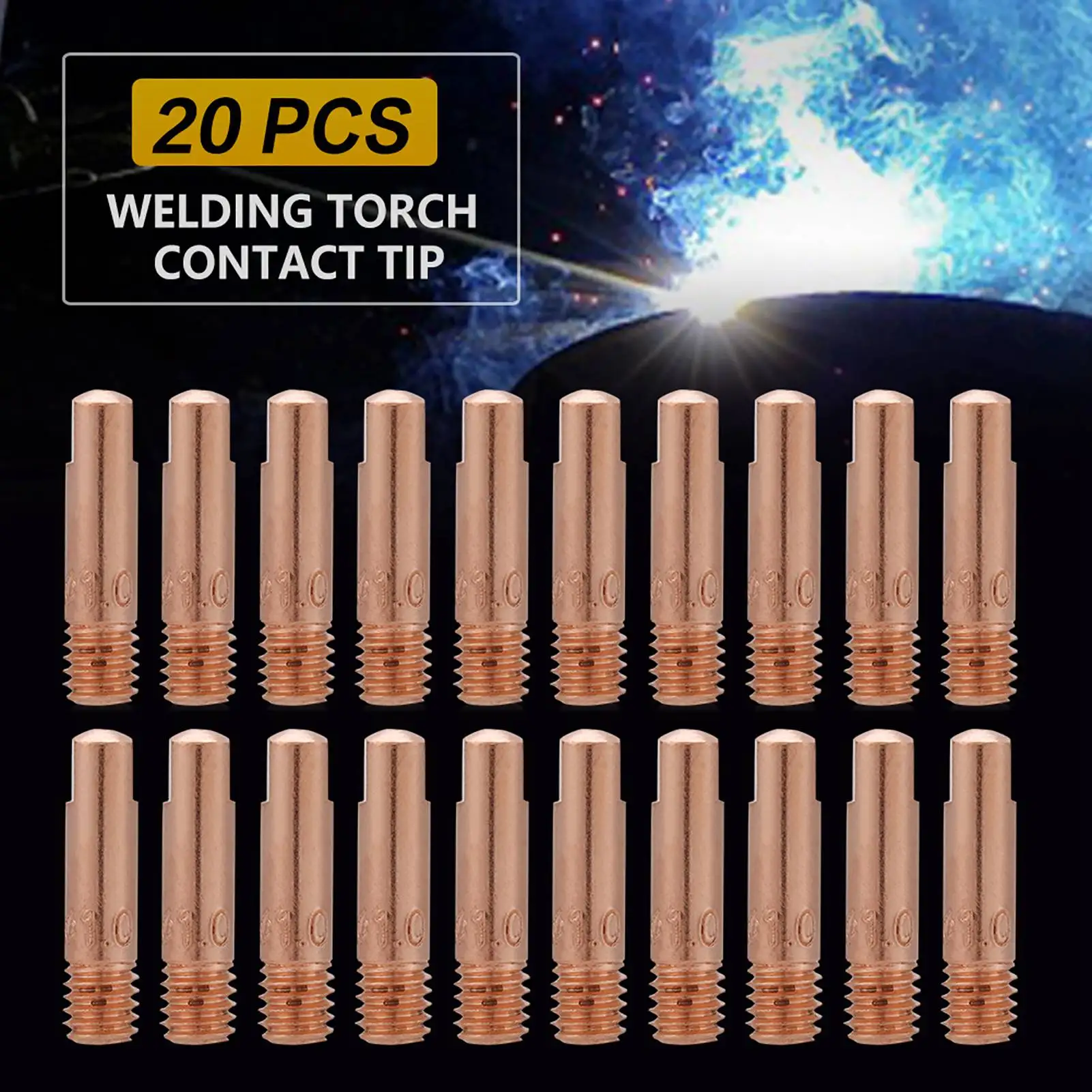 Punta de contacto de cobre de 20 piezas para consumibles de soplete de soldadura MIG/MAG 15AK, punta de contacto de soldadura de 0,8/1,0mm, punta de contacto de cobre