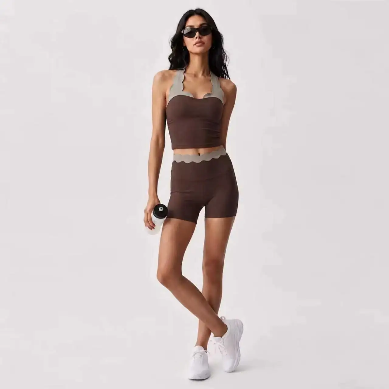Women 2‑Piece Yoga Outfit Two‑Tone Scalloped Shell Lace Sports Bra High Waist Leggings Fitness Shorts Workout Activewear Set