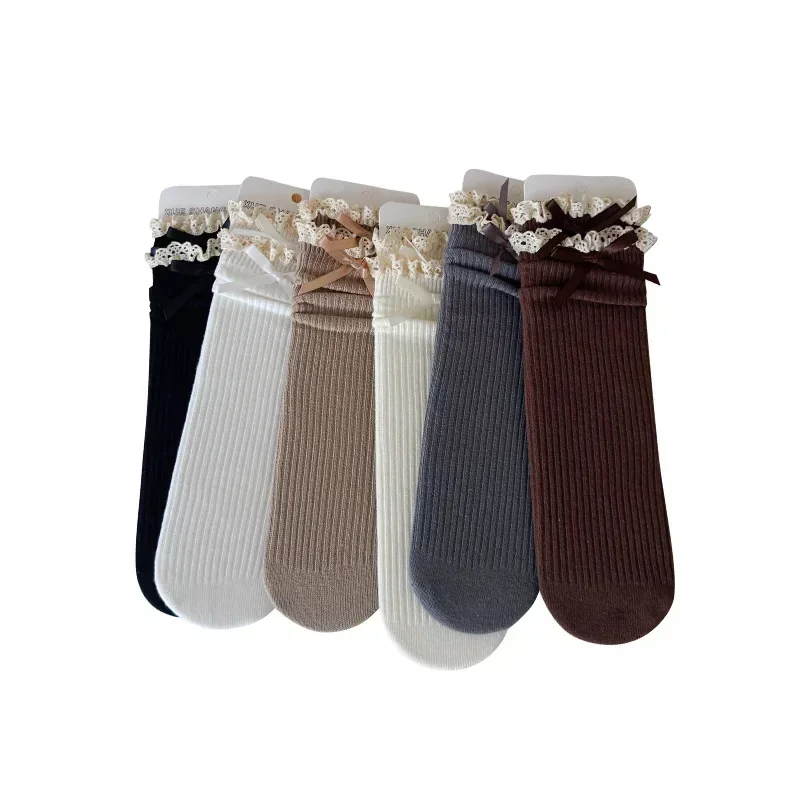 Princess Cute Young Kids Sock for Girl Retro Lace Ruffle Bow Calf Sock for Children Spring Autumn Soft Cotton Pile School Sock