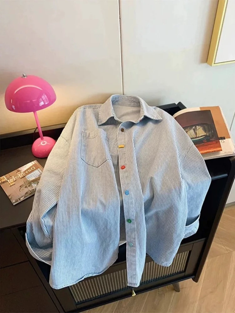 

Blue Long Sleeve Men's Shirt Spring Season Casual Workwear Stripe Pattern Inner Wear Layering American Style Jacket