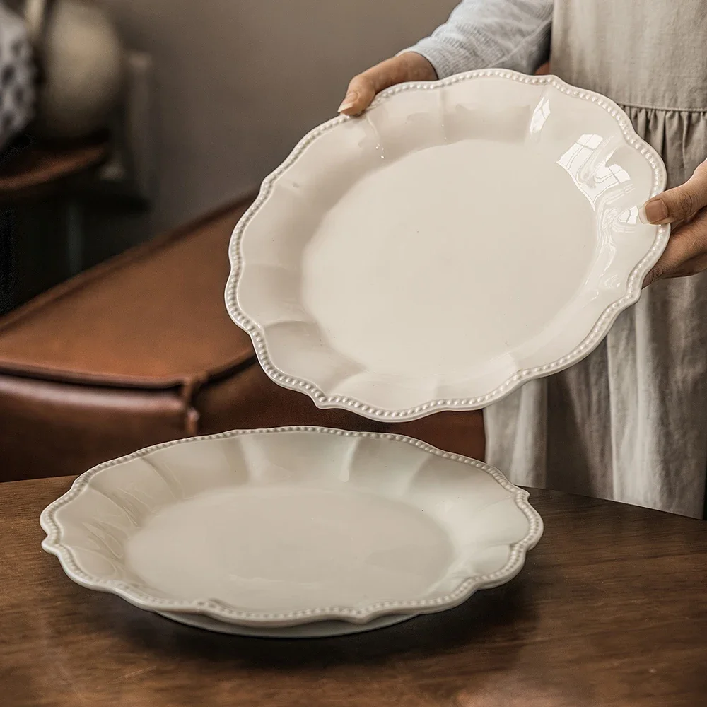 Vinatge Floral Edge Ceramic Plate French Style Relief Solid Color Homehold Dinnerware Afternoon Tea Dessert Cake Fruit Plates