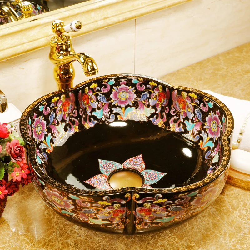 China Artistic Handmade Ceramic wash basin Round Counter top wash hand basin porcelain flower shape black bathroom sinks