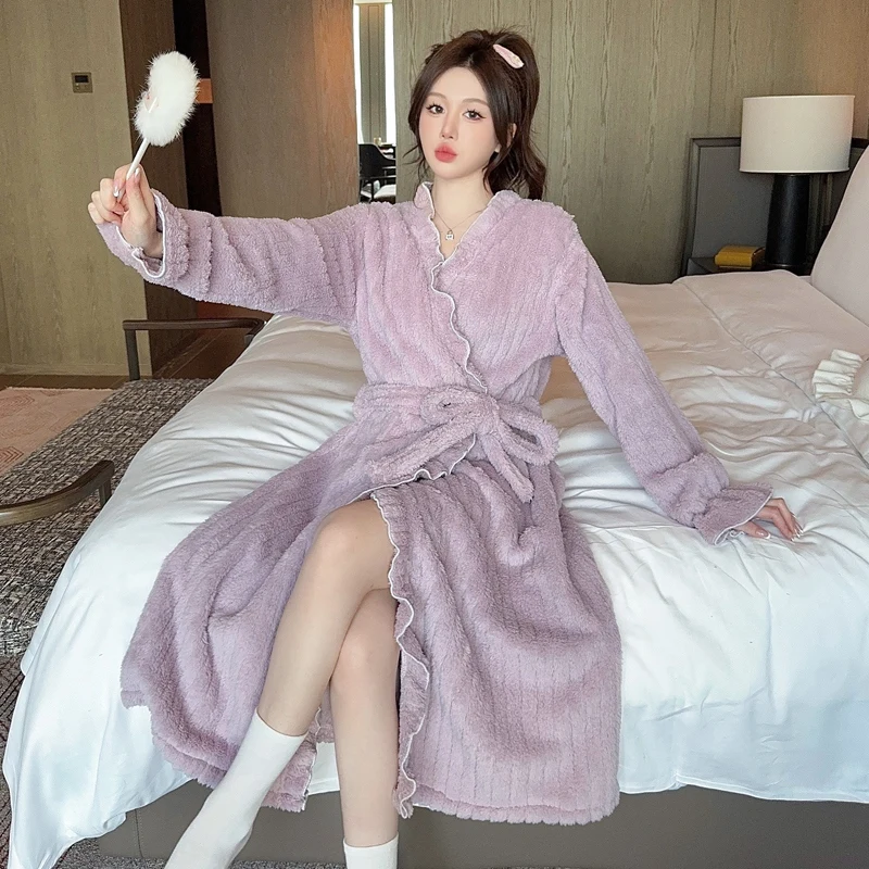 جديد الشتاء طويلة الأكمام سميكة الدافئة الفانيلا كيمونو الجلباب للنساء المرجان المخملية البشكير ملابس خاصة ملابس المنزل فستان النوم فستان سهرة