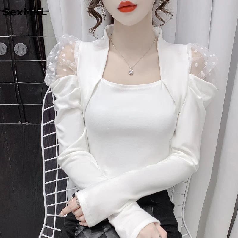 

Elegant Mesh Patchwork White Blouses Woman 2020 Autumn Winter Casual Korean Style Y2k Clothes Puff Sleeve Vintage Ladies Tops