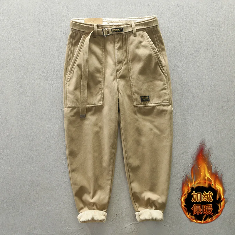 

Men's Winter Pants Japanese Fashion Khaki Cargo Pants with Belt Outdoor Baggy Pants Causal Keep Warm Fleece-lined Pants for Men