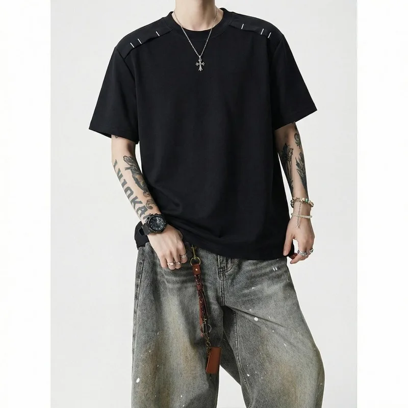 Mens Crew Neck Short Sleeve T Shirt Shoulder Strap Detail Loose Oversized Casual Basic Tee